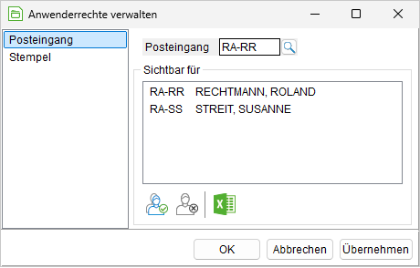 Das Fenster "Anwenderrechte verwalten"