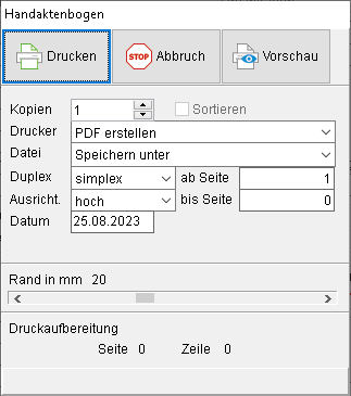 Der Druck-Dialog für den Handaktenbogen