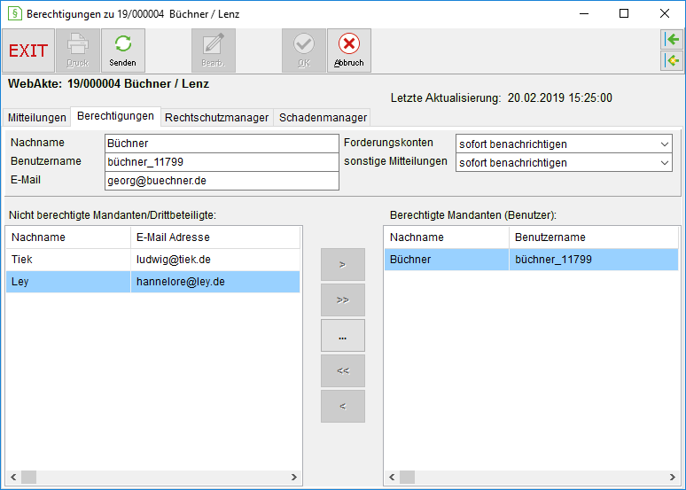 Das Fenster "Berechtigungen zu WebAkte"