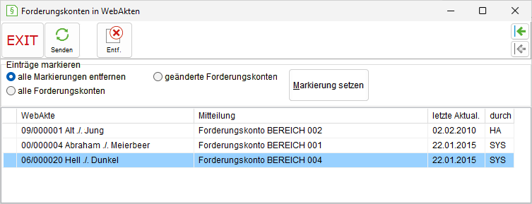 Das Fenster "Forderungskonten in WebAkten"