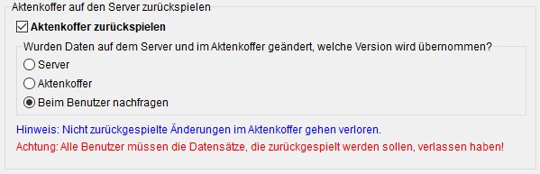 Der Bereich "Aktenkoffer auf den Server zurückspielen"