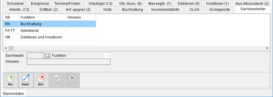 Die Akten-Registerkarte "Sachbearbeiter"