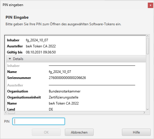 Das Fenster "PIN eingeben"