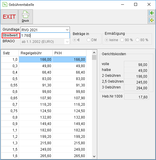 Das Fenster "Gebührentabelle"