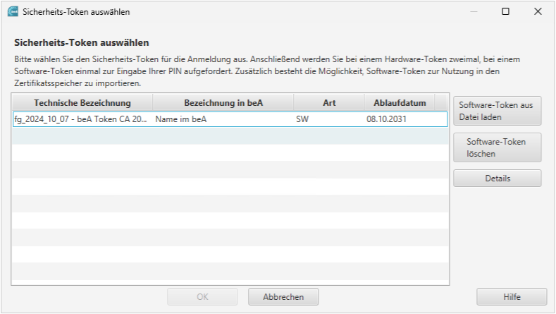 Das Fenster "Sicherheits-Token auswählen"