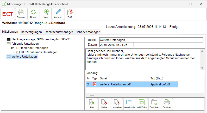 Das Fenster "Mitteilungen zu WebAkte"