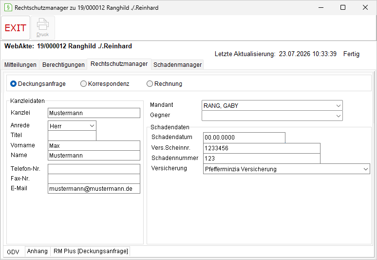 Das Fenster "Rechtschutzmanager zu WebAkte"