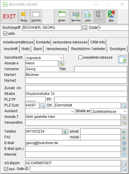 Das Adressfenster: die Registerkarte "Anschrift"
