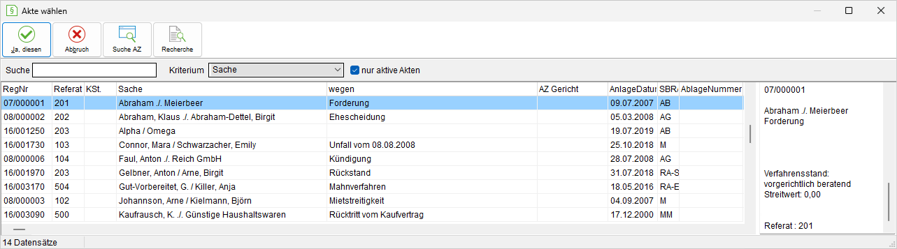 Das Suchfenster für Akten