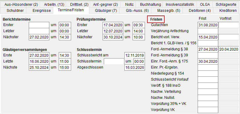 Die Akten-Registerkarte "Termine/ Fristen"