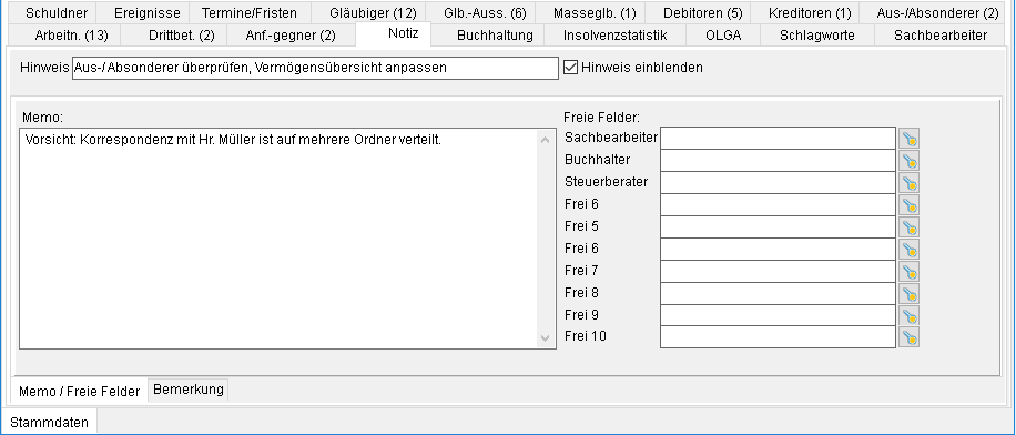 Die Akten-Registerkarte: "Notiz", die Unterregisterkarte "Memo/ Freie Felder"