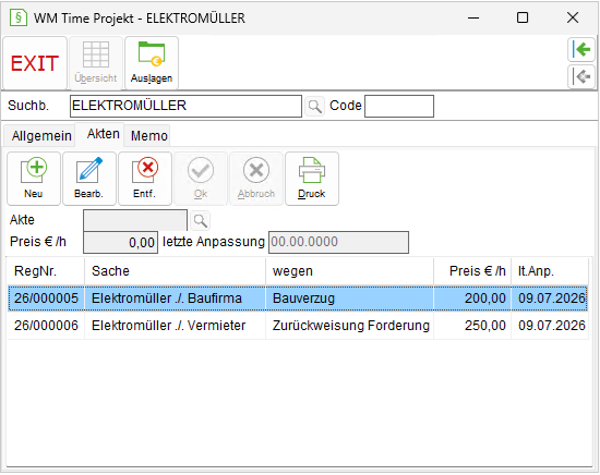 WM Time Projekt: die Registerkarte "Akten"