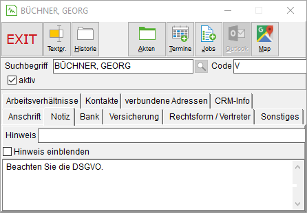Das Adressfenster: die Registerkarte "Notiz"