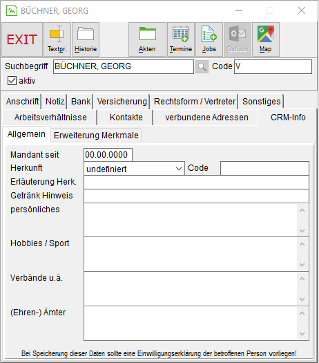 Das Adressfenster: die Registerkarte "CRM-Info"