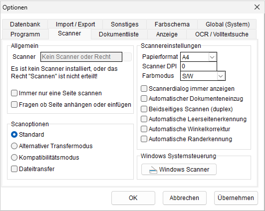 Optionen: die Registerkarte "Scanner"