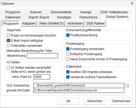 Optionen: die Registerkarte "Global (System)", Programm
