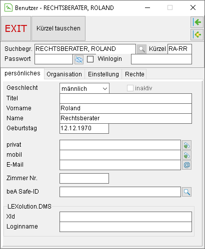 Die Benutzerverwaltung: die Registerkarte "persönliches"