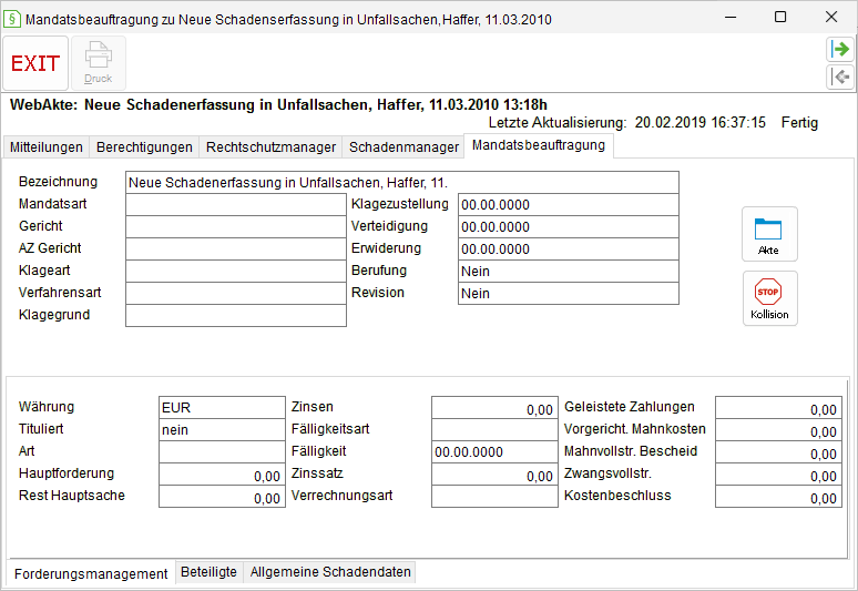 Das WebAkten-Fenster: die Registerkarte "Mandatsbeauftragung"