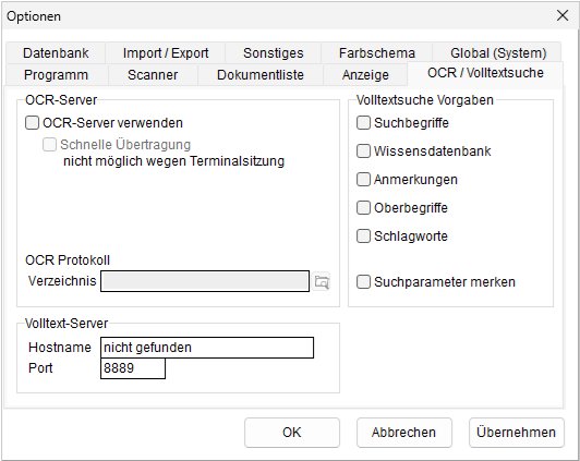 Optionen: die Registerkarte "OCR/ Volltextsuche"