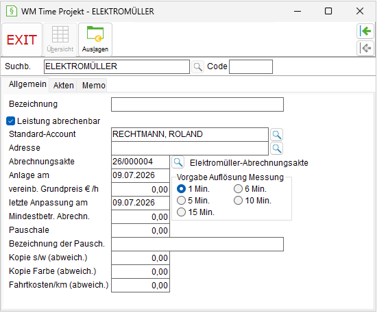 WM Time Projekt: die Registerkarte "Allgemein"