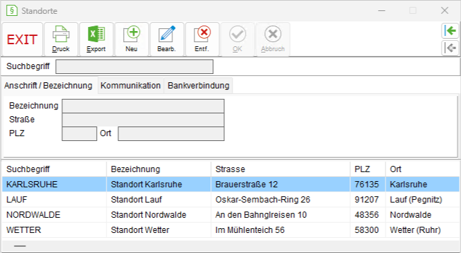 Das Fenster "Standorte"