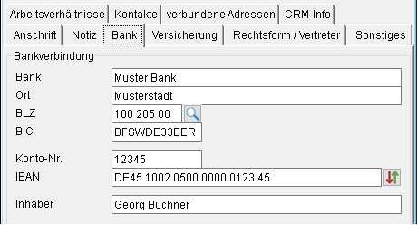 Das Adressfenster: die Registerkarte "Bank"