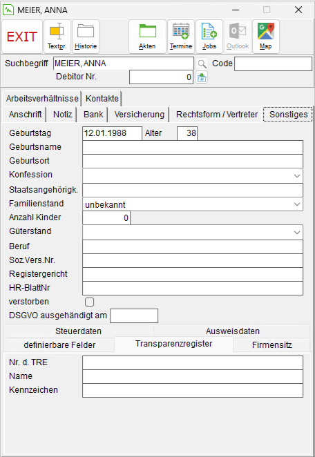 Das Adressfenster: die Registerkarte "Sonstiges"