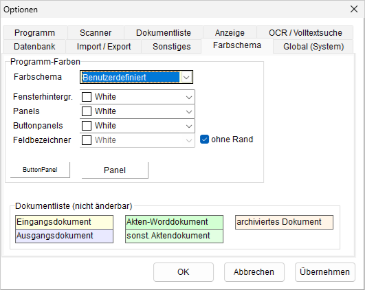 Optionen: die Registerkarte "Farbschema"