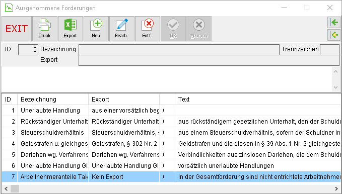 Das Fenster "Ausgenommene Forderungen"