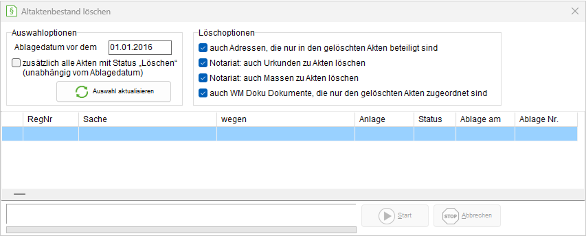 Das Fenster "Altaktenbestand löschen"
