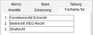 Die Kanzlei-Adresse: die Registerkarte "Fachanwalt für"