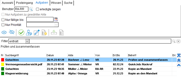 Die Dokumentauswahl: das Register "Aufgaben"