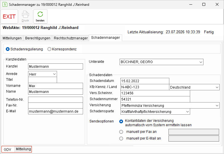 Das Fenster "Schadensmanager zu WebAkte"