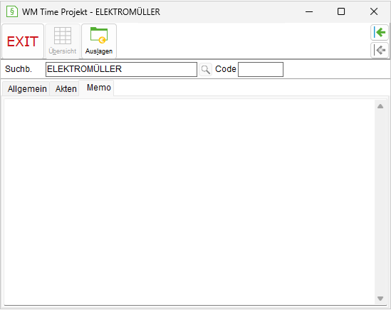 WM Time Projekt: die Registerkarte "Memo"