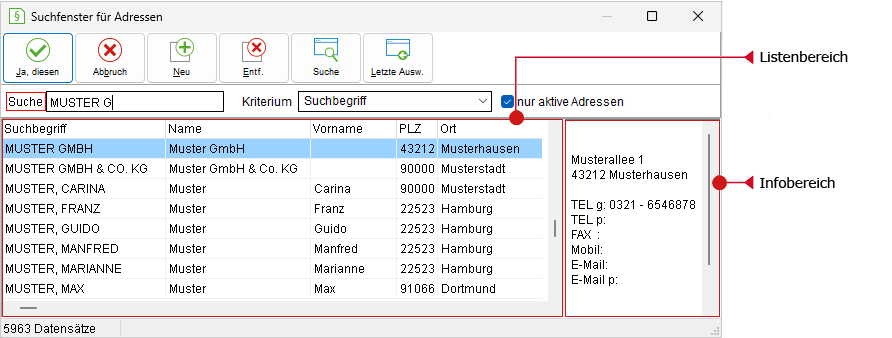Das Suchfenster für Adressen
