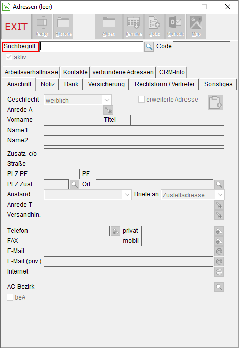 Das Adressfenster ohne Inhalt