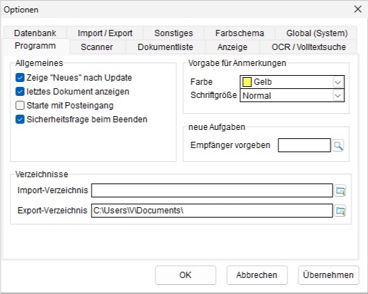 Optionen: die Registerkarte "Programm"
