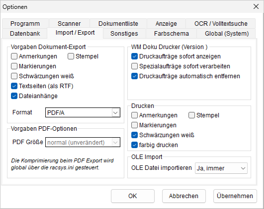 Optionen: die Registerkarte "Import/ Export"