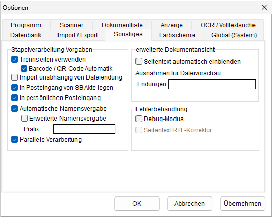 Optionen: die Registerkarte "Sonstiges"
