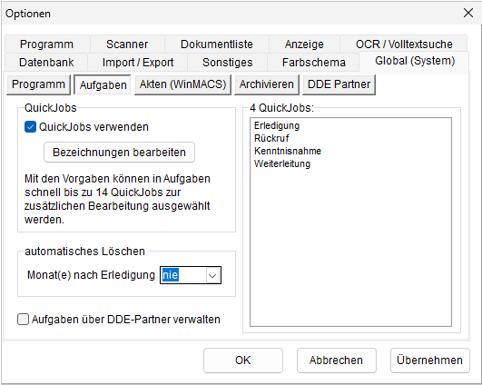 Optionen: die Registerkarte "Global (System)", Aufgaben