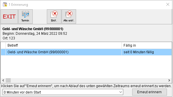 Das Fenster "Erinnerung"