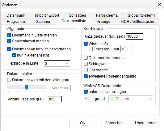 Optionen: die Registerkarte "Dokumentliste"