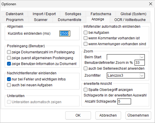 Optionen: die Registerkarte "Anzeige"