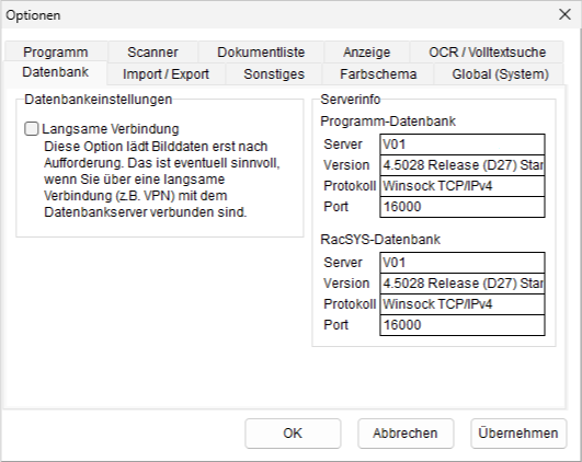 Optionen: die Registerkarte "Datenbank"