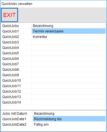 Das Fenster "QuickJobs verwalten"