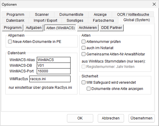 Optionen: die Registerkarte "Global (System)", Akten (Winmacs)