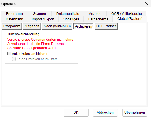 Optionen: die Registerkarte "Global (System)", Archivieren