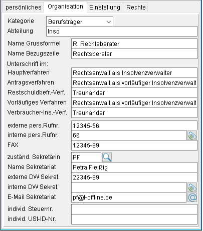 Die Benutzerverwaltung: die Registerkarte "Organisation"