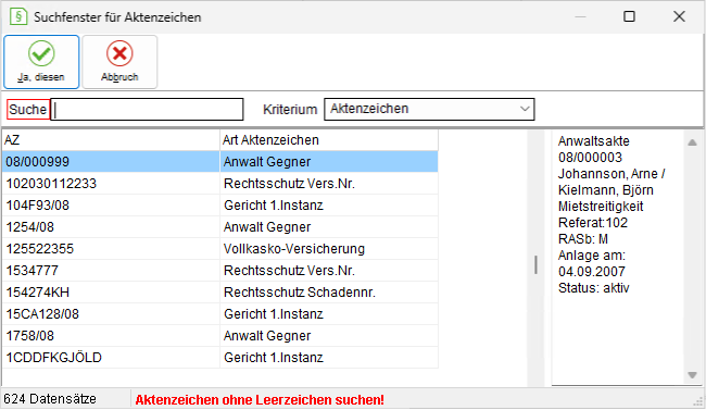 Das Suchfenster für Aktenzeichen