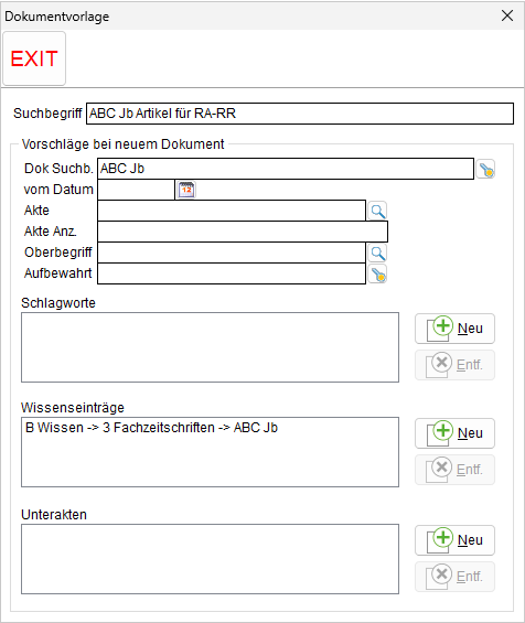 Das Fenster "Dokumentvorlage"